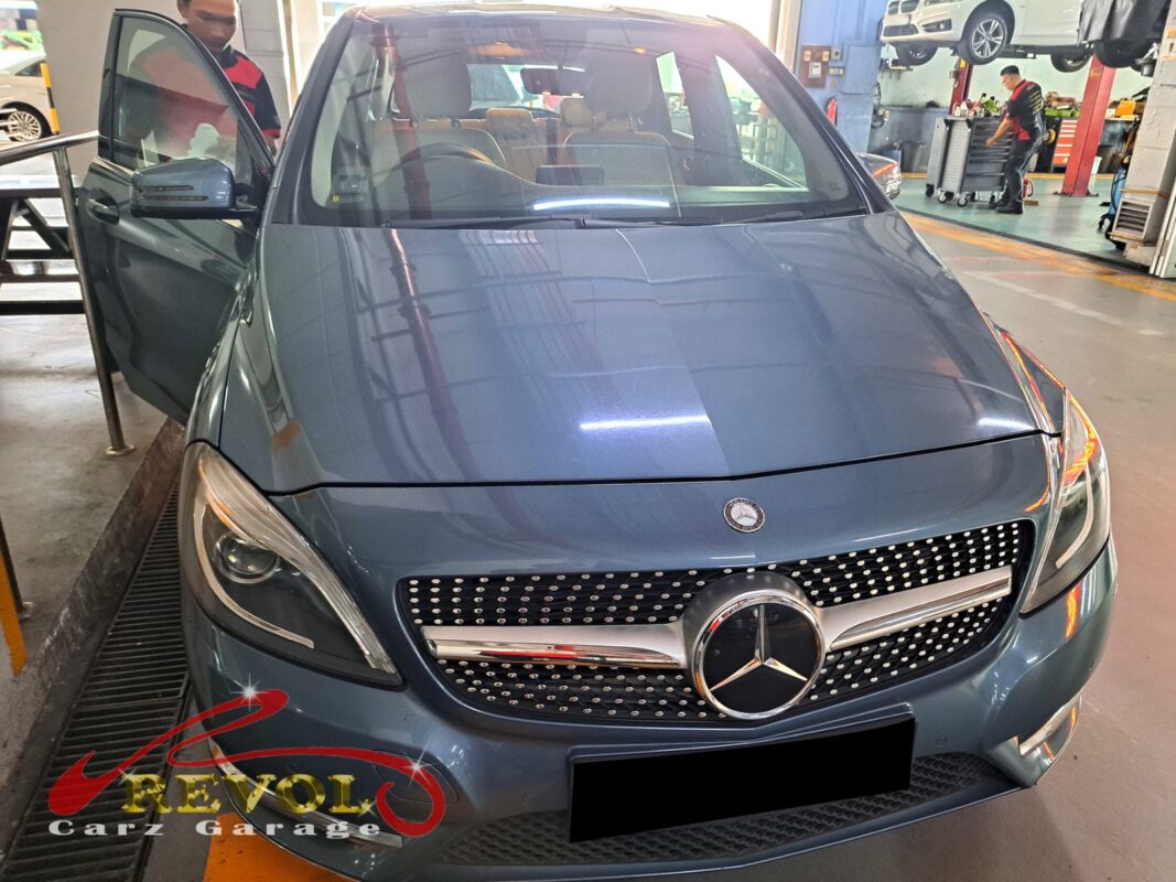 Mercedes-Benz B200 parked at the workshop, in for an oil leak inspection.