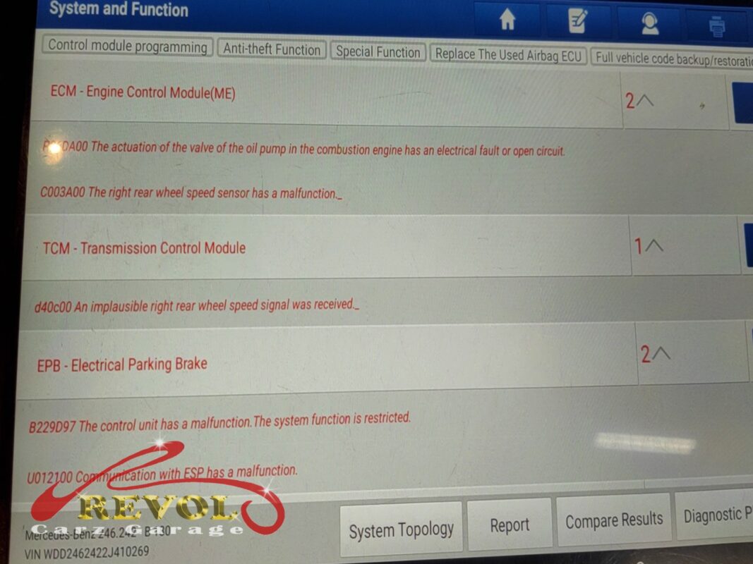 The diagnostic scan showing the wheel speed sensor fault on the Mercedes-Benz B180.