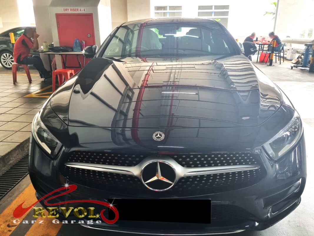 Mercedes-Benz CLS350 parked at the workshop for scheduled maintenance.