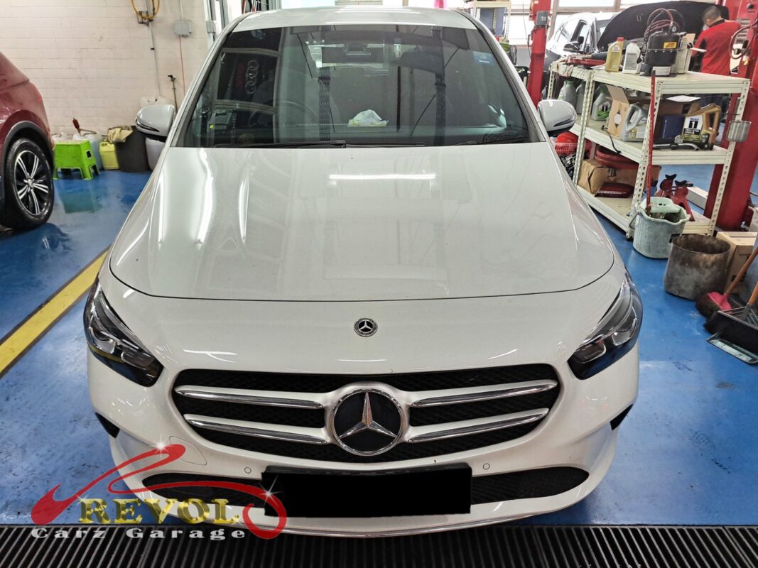 Mercedes-Benz B180 parked at the workshop, in for a battery test and replacement.