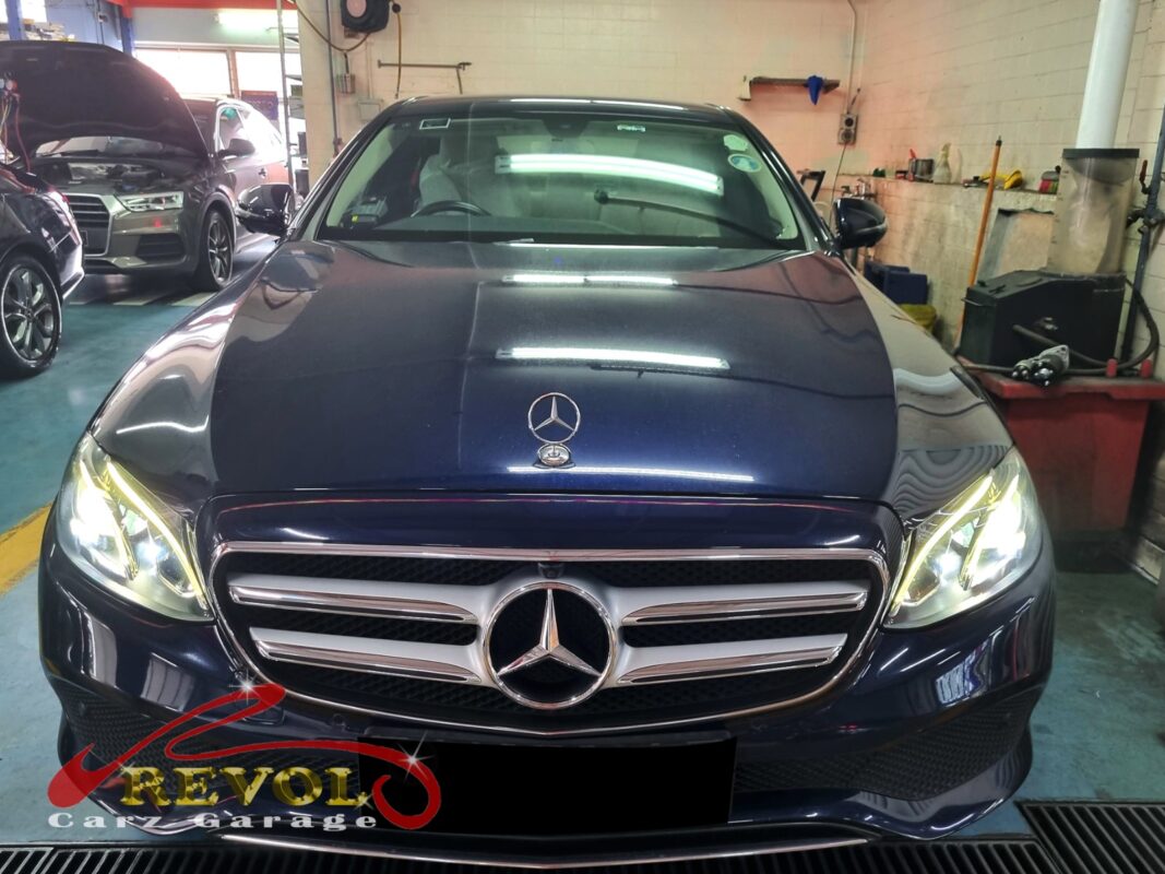 Mercedes-Benz E200 parked at the workshop, in for a coolant leak inspection.