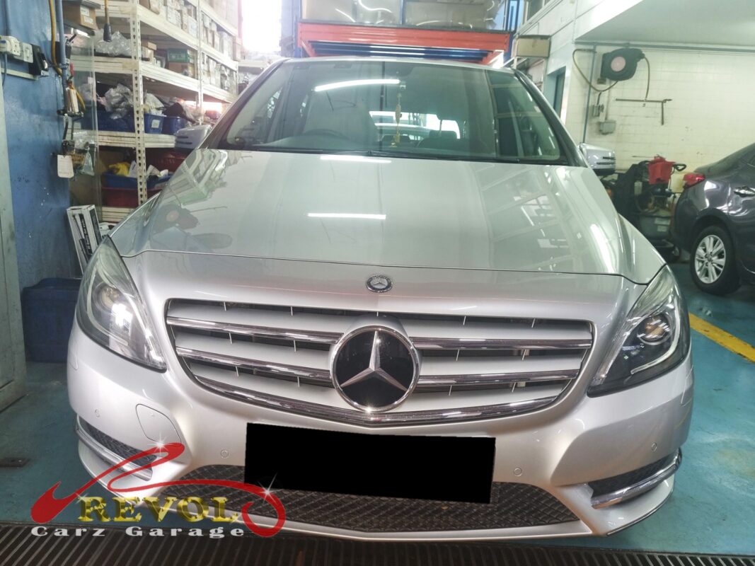 Mercedes-Benz B180 parked at the workshop, in for oil leak inspection.