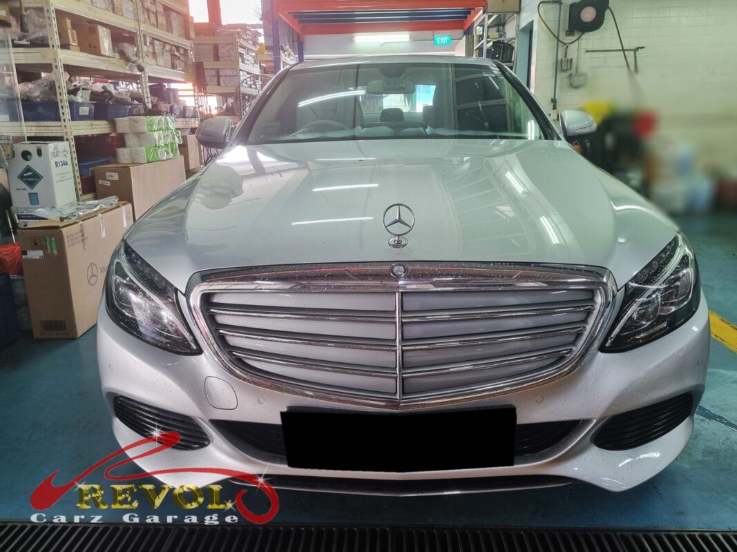 Mercedes-Benz C200 parked at the workshop, in for cooling system inspection.