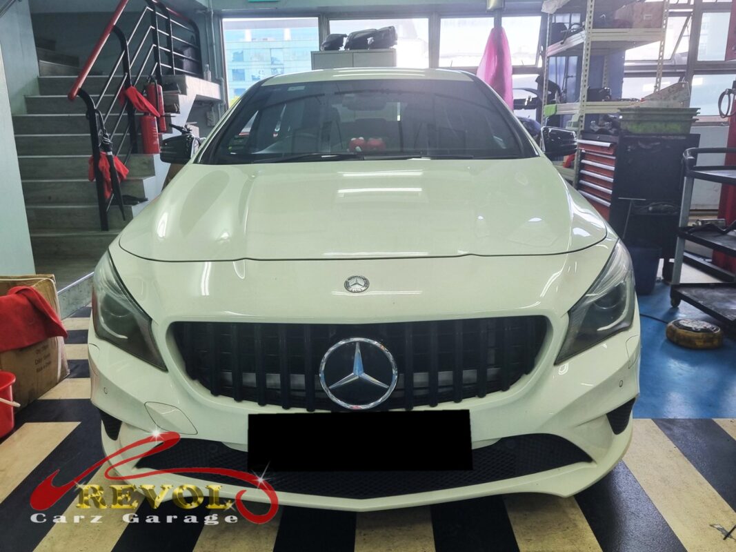 Mercedes-Benz CLA180 on the lift for brake hose replacement.