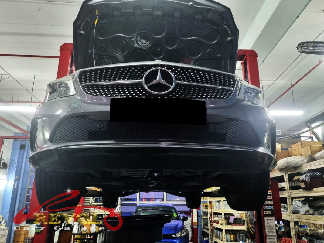 The A180 up on the two-post lift, in for the rough idle and check engine light.