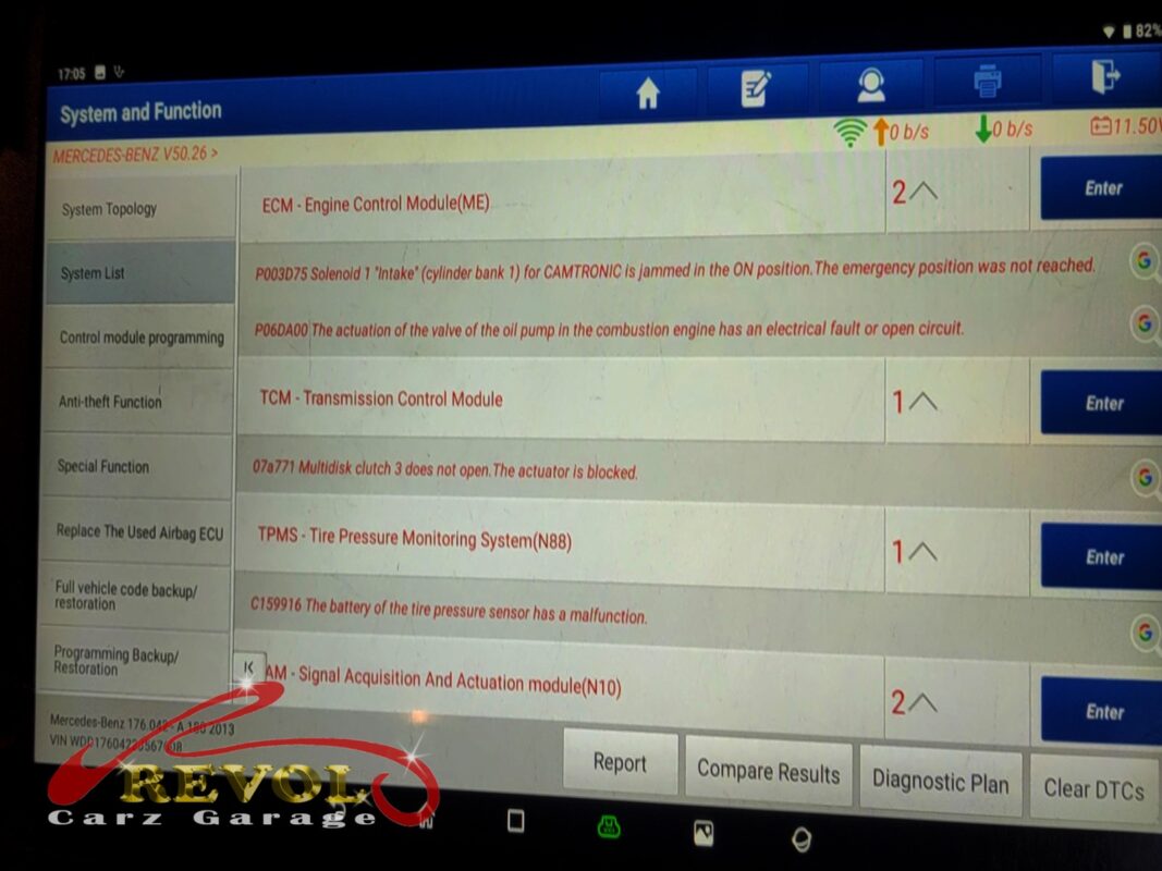 The scan flagging it: 'Solenoid 1 Intake for CAMTRONIC is jammed in the ON position', the variable-valve-lift solenoid stuck.