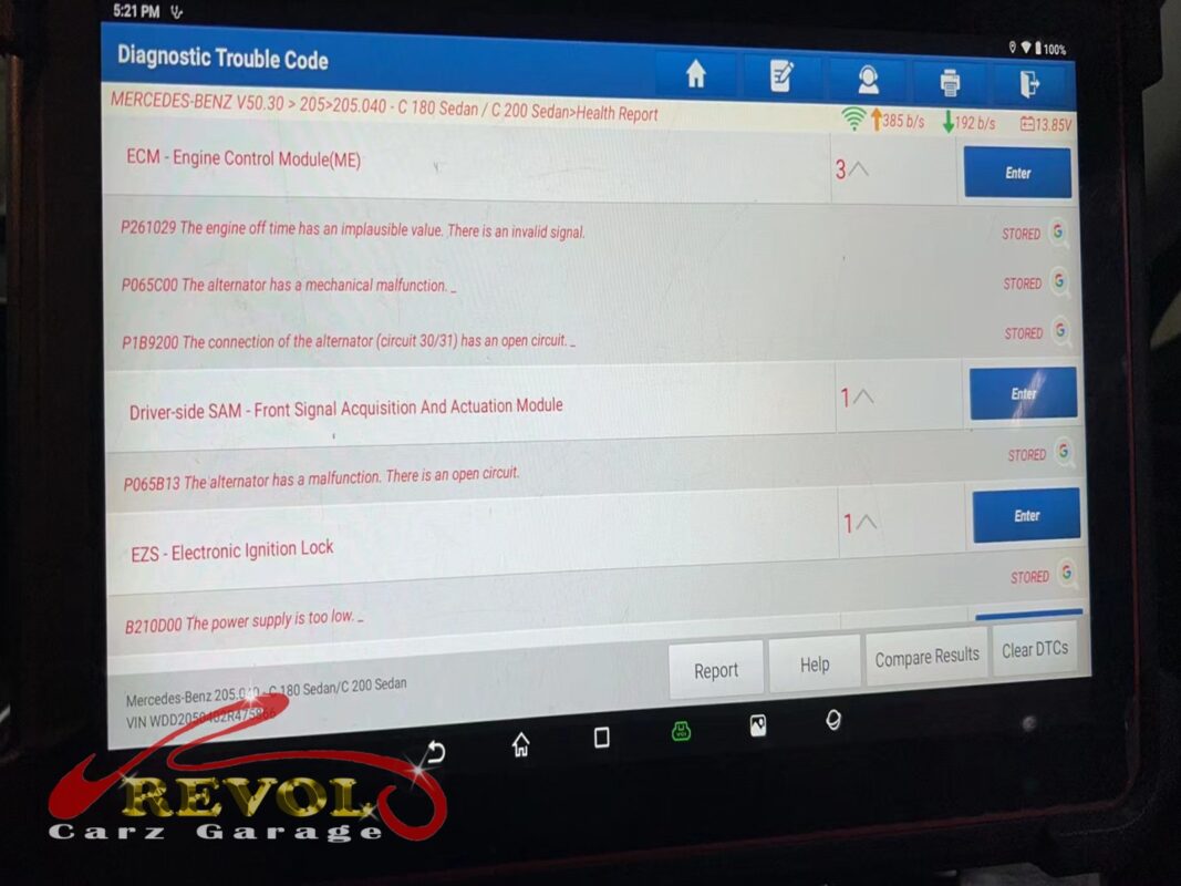 The scan flagging it: 'The alternator has a mechanical malfunction' and a low-power-supply code, the charging side failing.