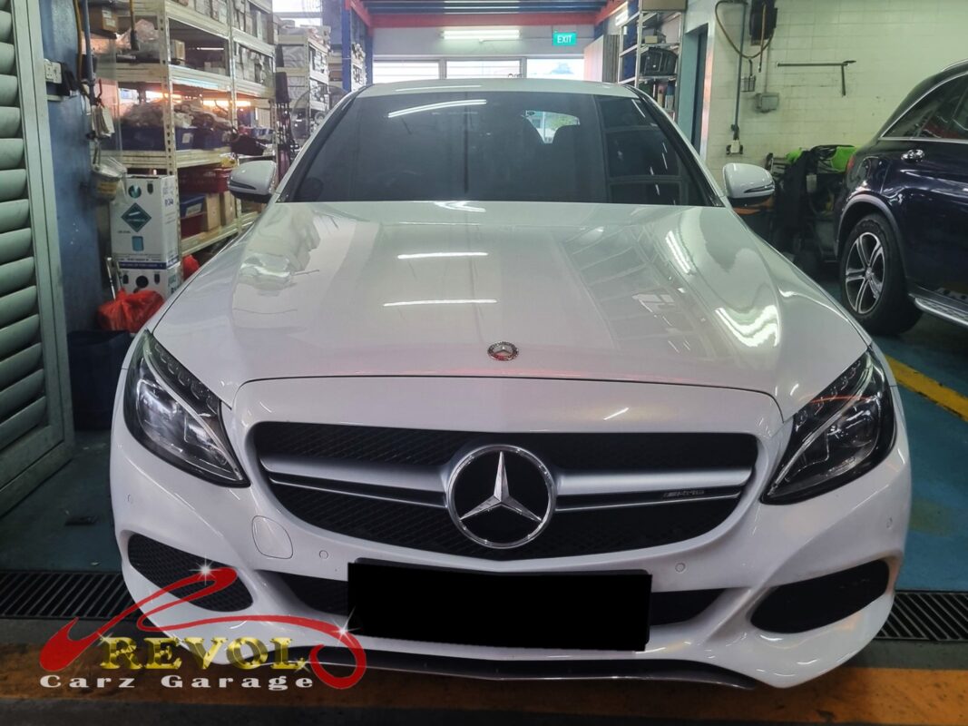 Mercedes-Benz C180 on the lift for an ATF replacement.