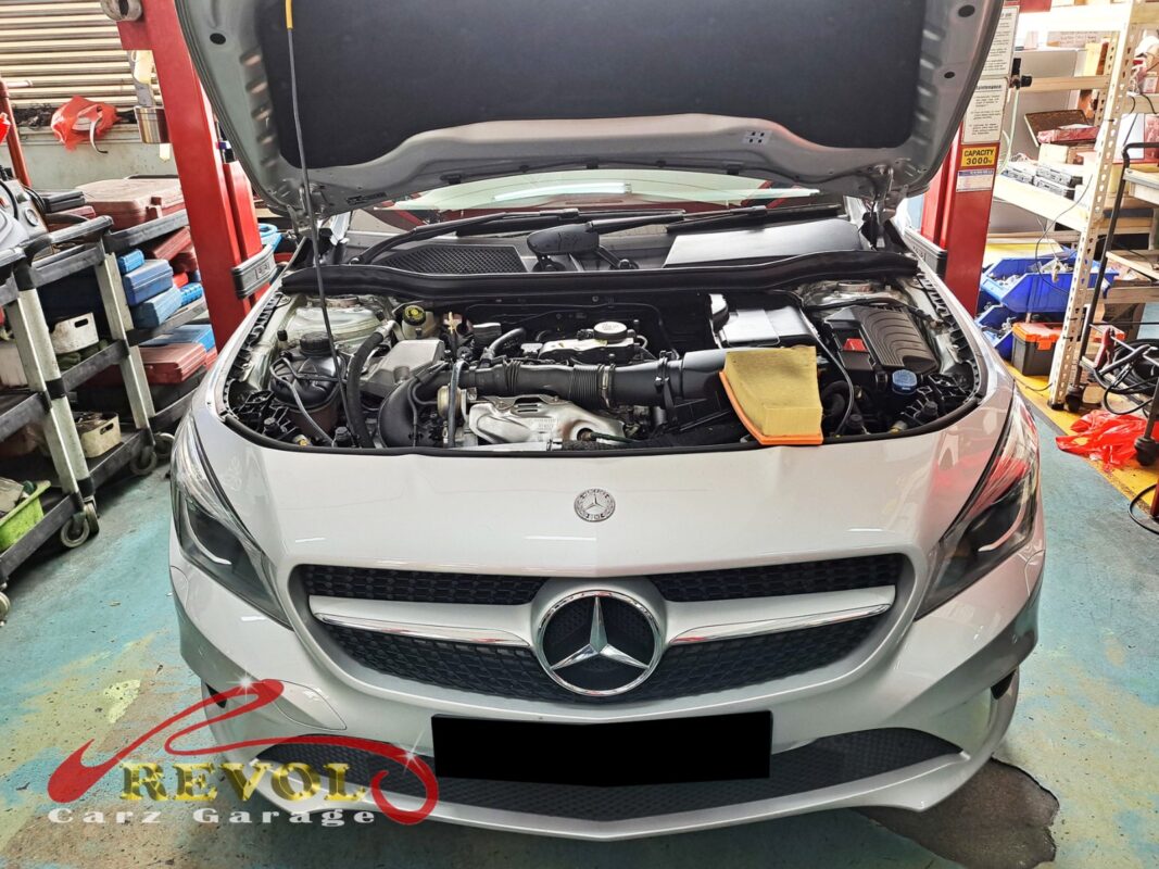 Mercedes-Benz CLA180 on the lift for its major service.
