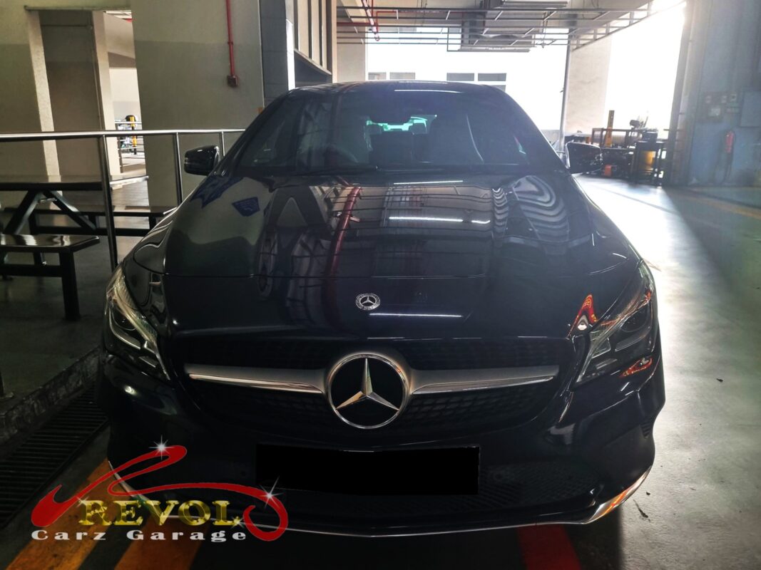 Mercedes-Benz CLA180 on the lift for its scheduled service.