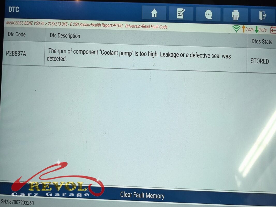 The STAR diagnostic readout: fault code P2B837A stored against the coolant pump, flagging that a seal had failed.