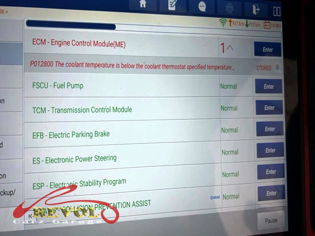 The diagnostic scan: fault code P0128 stored, the engine staying below the thermostat's regulating temperature.