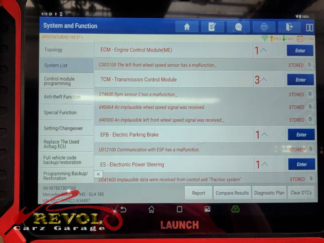 The diagnostic scan: a string of stored codes all tracing back to the left front wheel speed sensor.