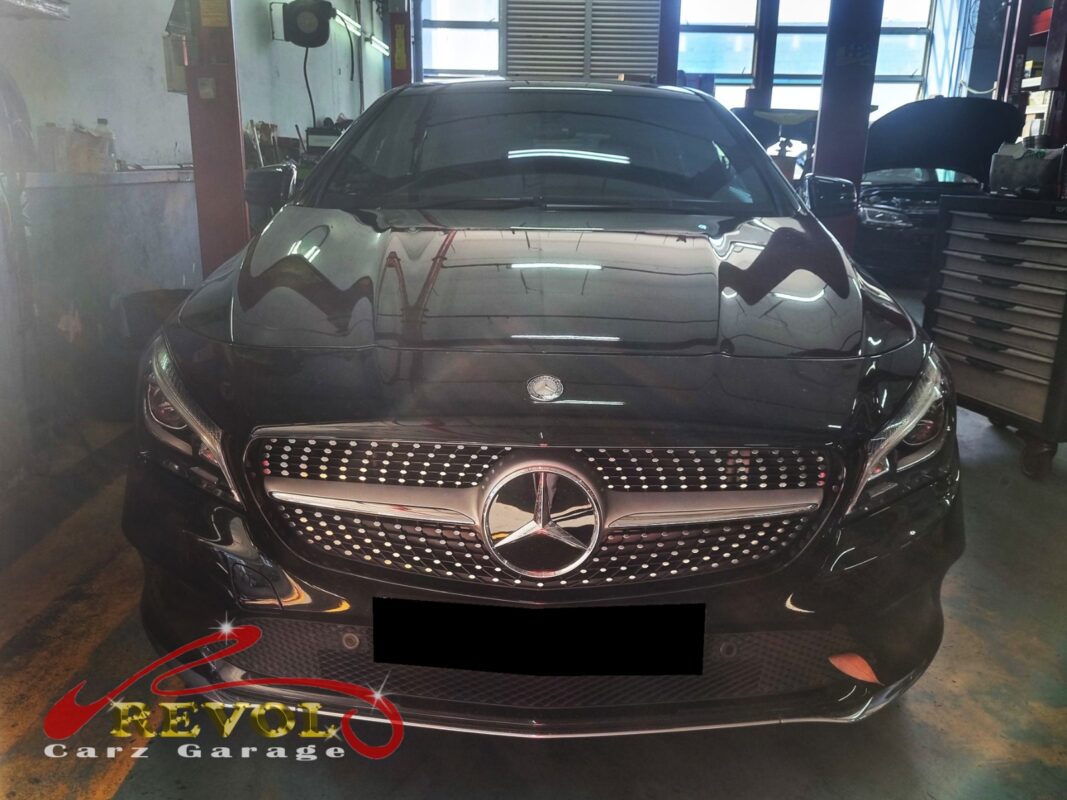 Mercedes-Benz CLA200 on the workshop lift for full ATF service.