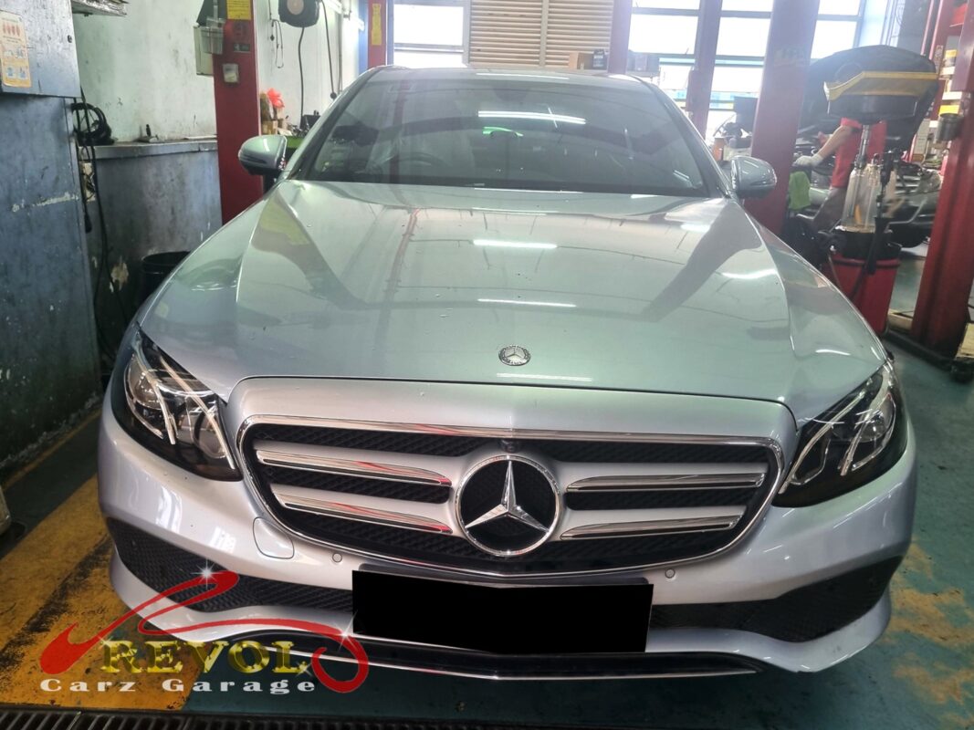 Mercedes-Benz E200 in the workshop for misfire diagnosis.