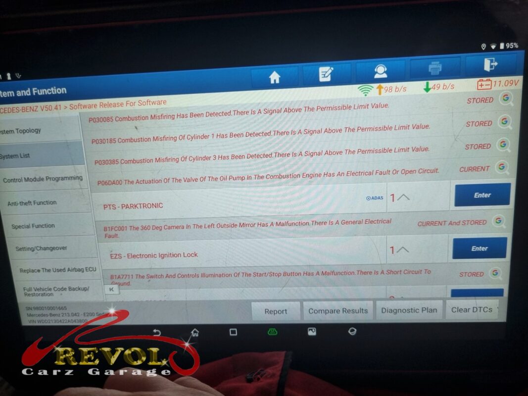 The diagnostic scan: misfires logged on a couple of cylinders, the trail that led to the injectors.