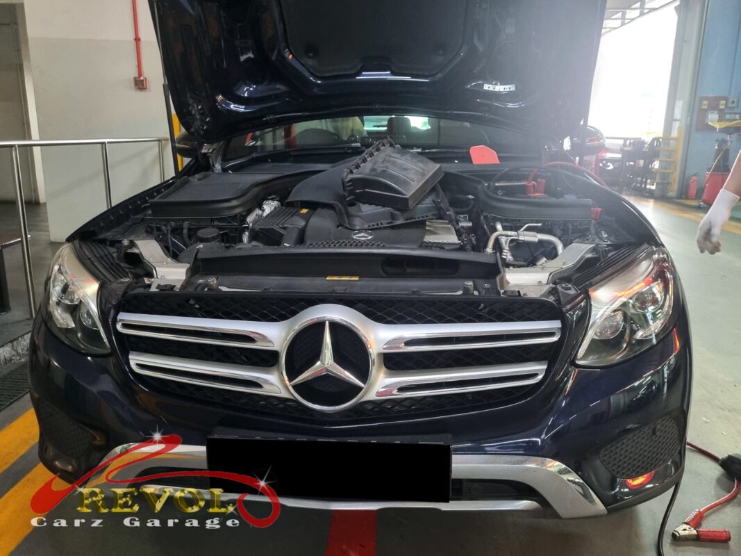 Mercedes-Benz GLC250 with the engine bay open ready for alternator replacement.
