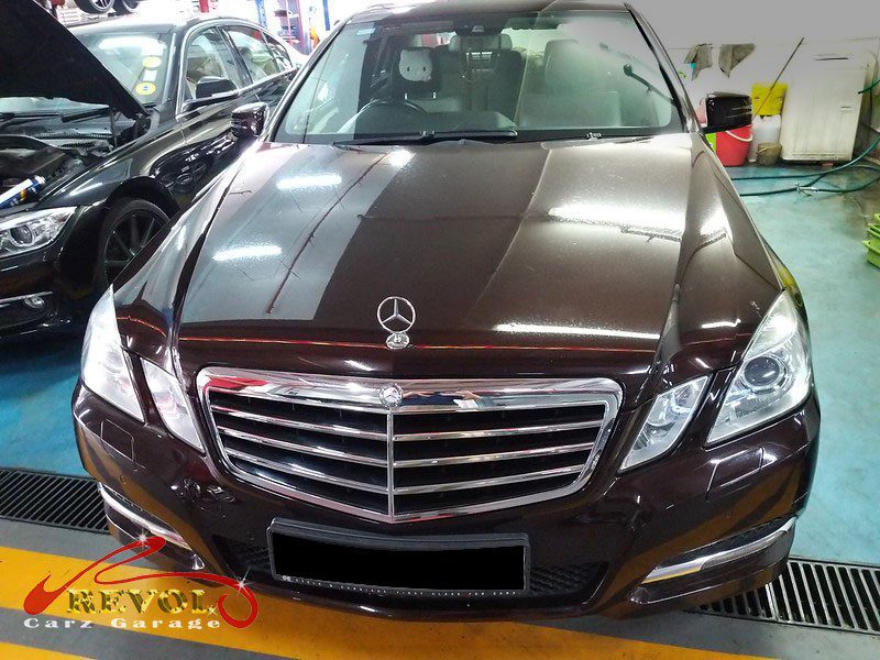 Mercedes-Benz E250 at the workshop, in for a petrol smell in the cabin.