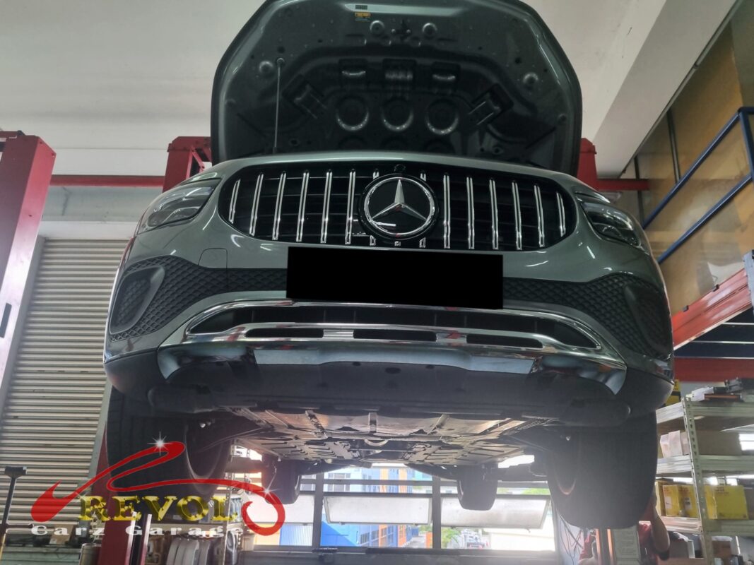 The GLA200 up on the two-post lift, hood open, in for the low gauge and slow warm-up.