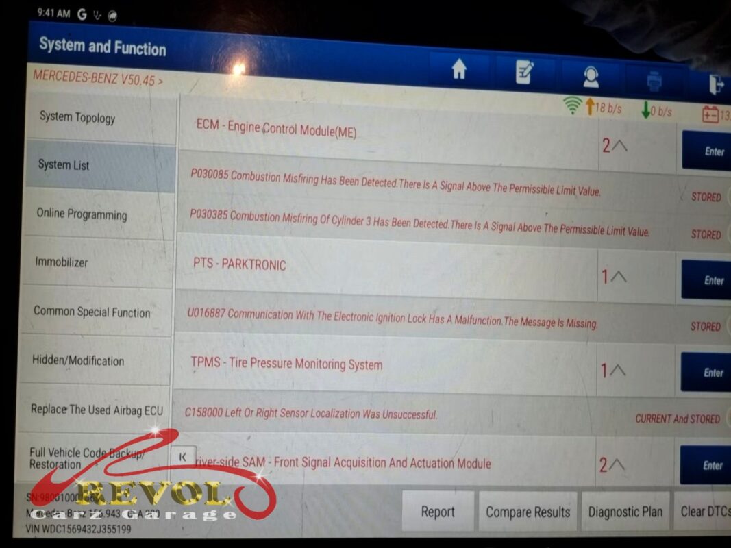 The diagnostic scan: misfires logged including cylinder 3, the trail that led to the camshaft.