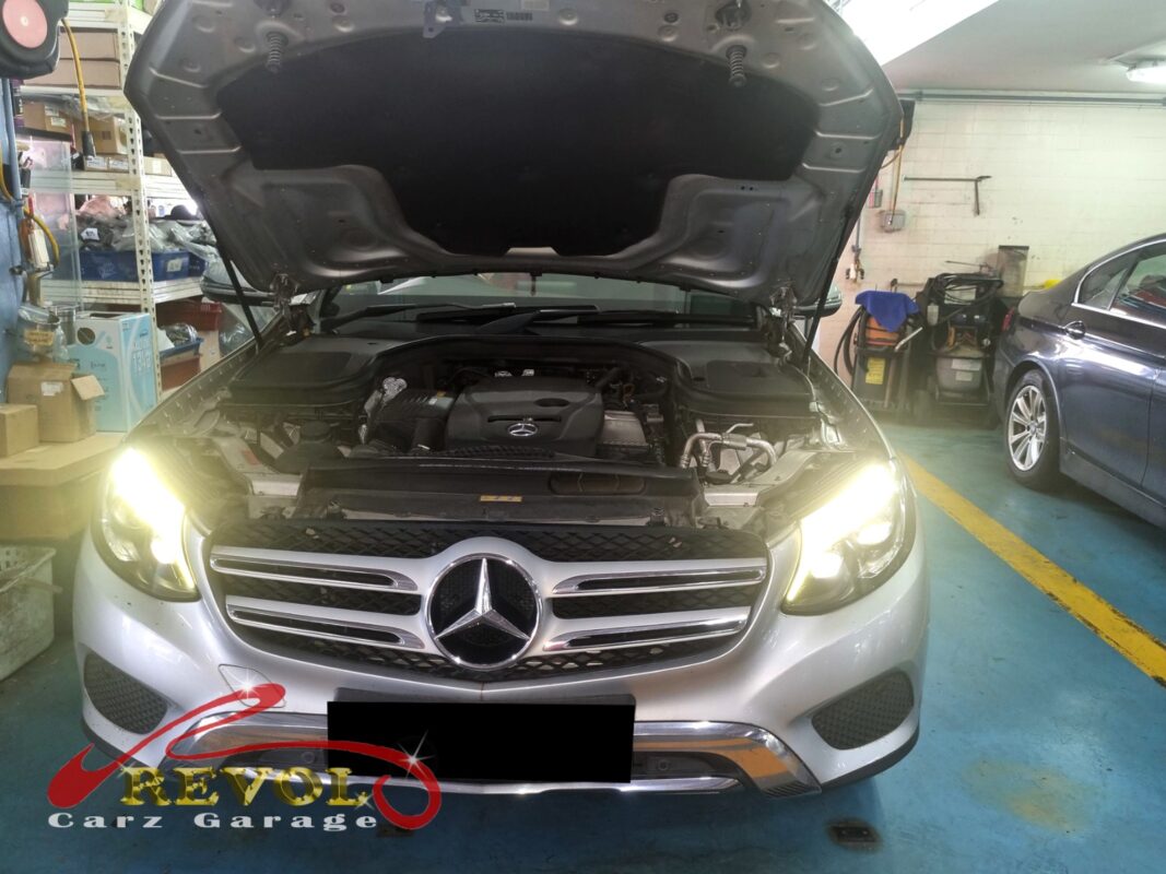 Mercedes-Benz GLC250 with the engine bay open ready for alternator replacement.