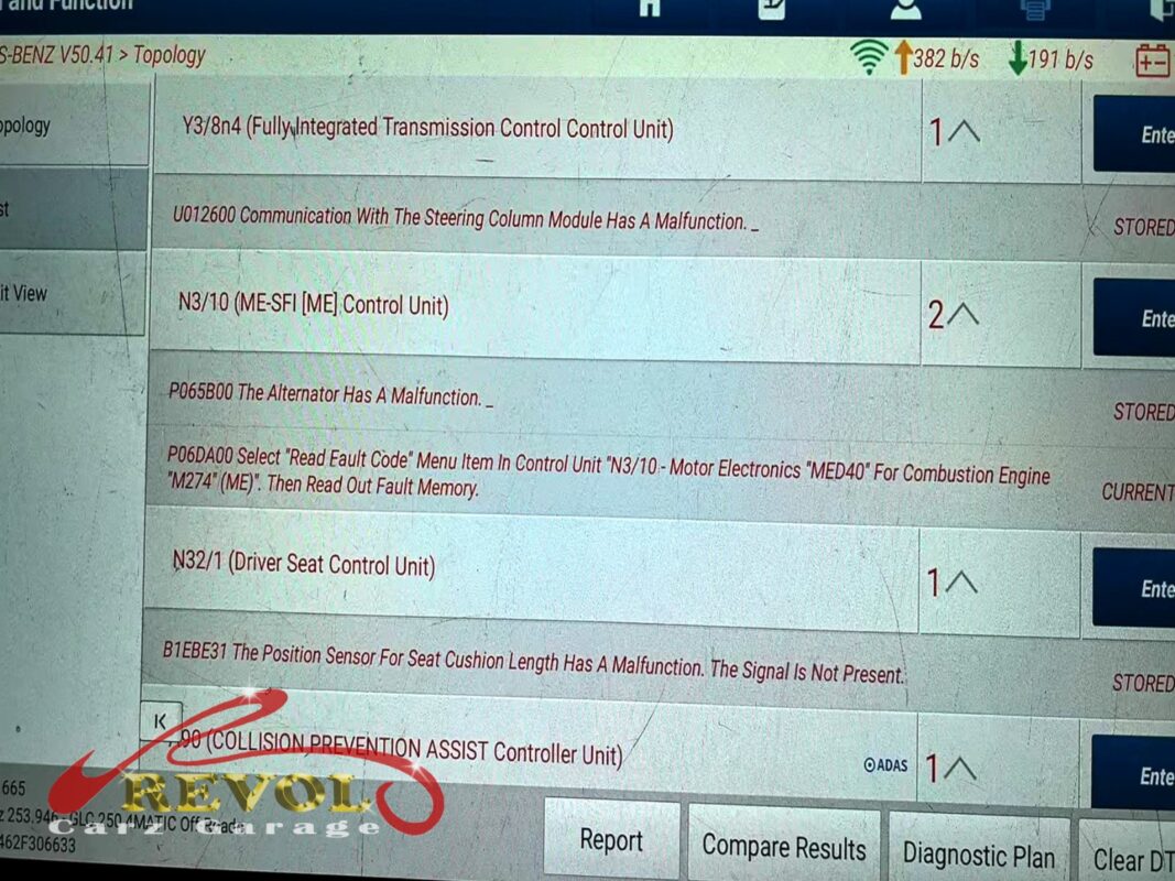 The diagnostic scan: fault code P065B00 stored against the alternator.