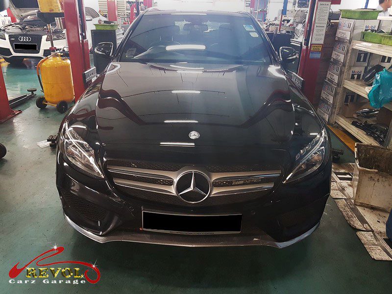Mercedes-Benz C200 AMG at the workshop, in for a check engine light diagnosis.