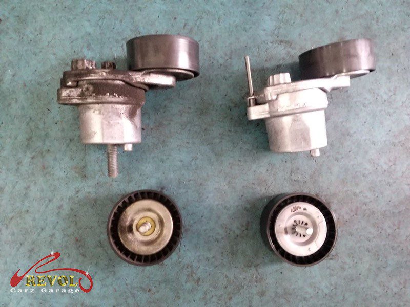 The cold-start squeal traced to the worn belt tensioner and idler pulleys on the Mercedes-Benz C180.