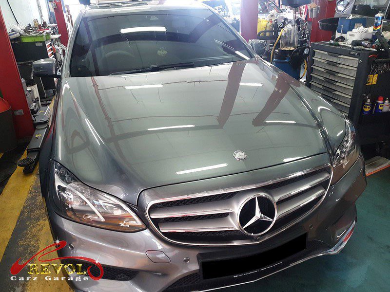 Mercedes-Benz E200 parked at the workshop, in for front suspension inspection.