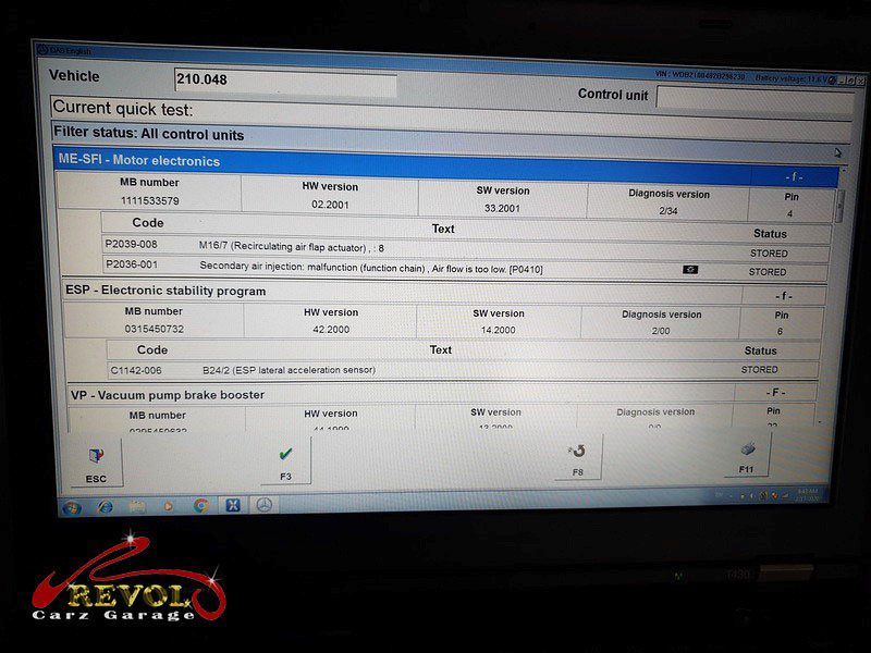 Diagnostics on the Mercedes-Benz E200 showing the throttle control fault codes.
