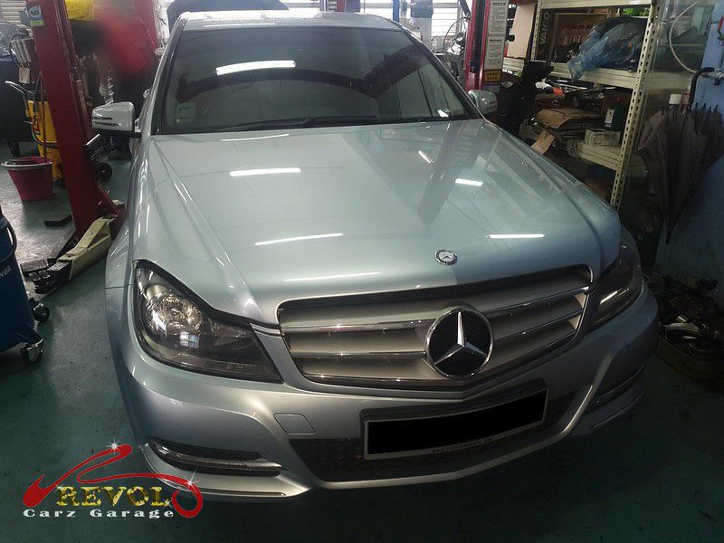 Mercedes-Benz C180 parked at the workshop, in for a petrol smell diagnosis.