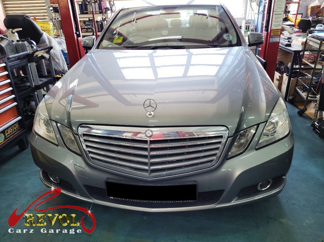 Mercedes-Benz E200 parked at the workshop, in for shock absorber inspection.