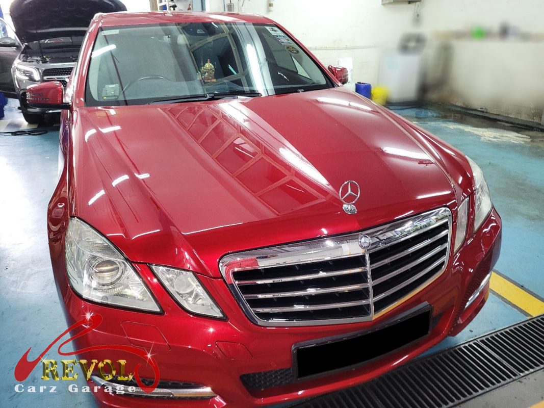 Mercedes-Benz E250 parked at the workshop, in for a battery and charging diagnosis.