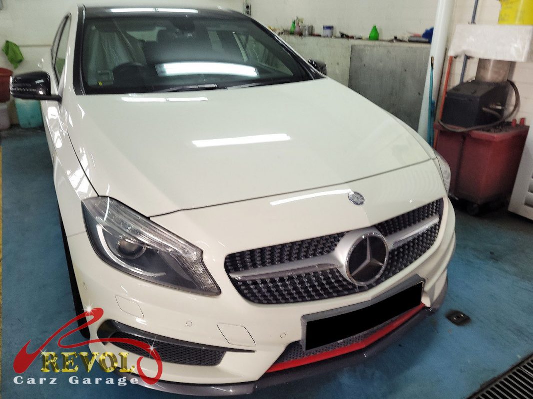 Mercedes-Benz A180 parked at the workshop, in for shock absorber inspection.
