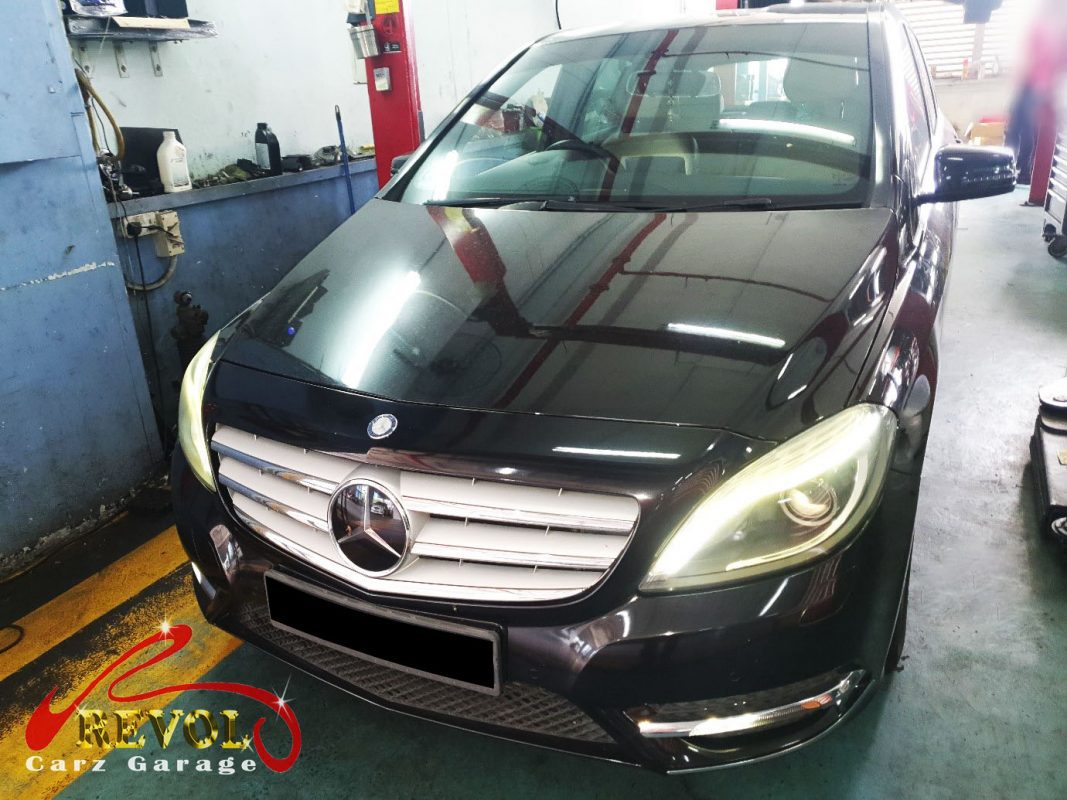 Mercedes-Benz B200 parked at the workshop, in for an auxiliary battery diagnosis.