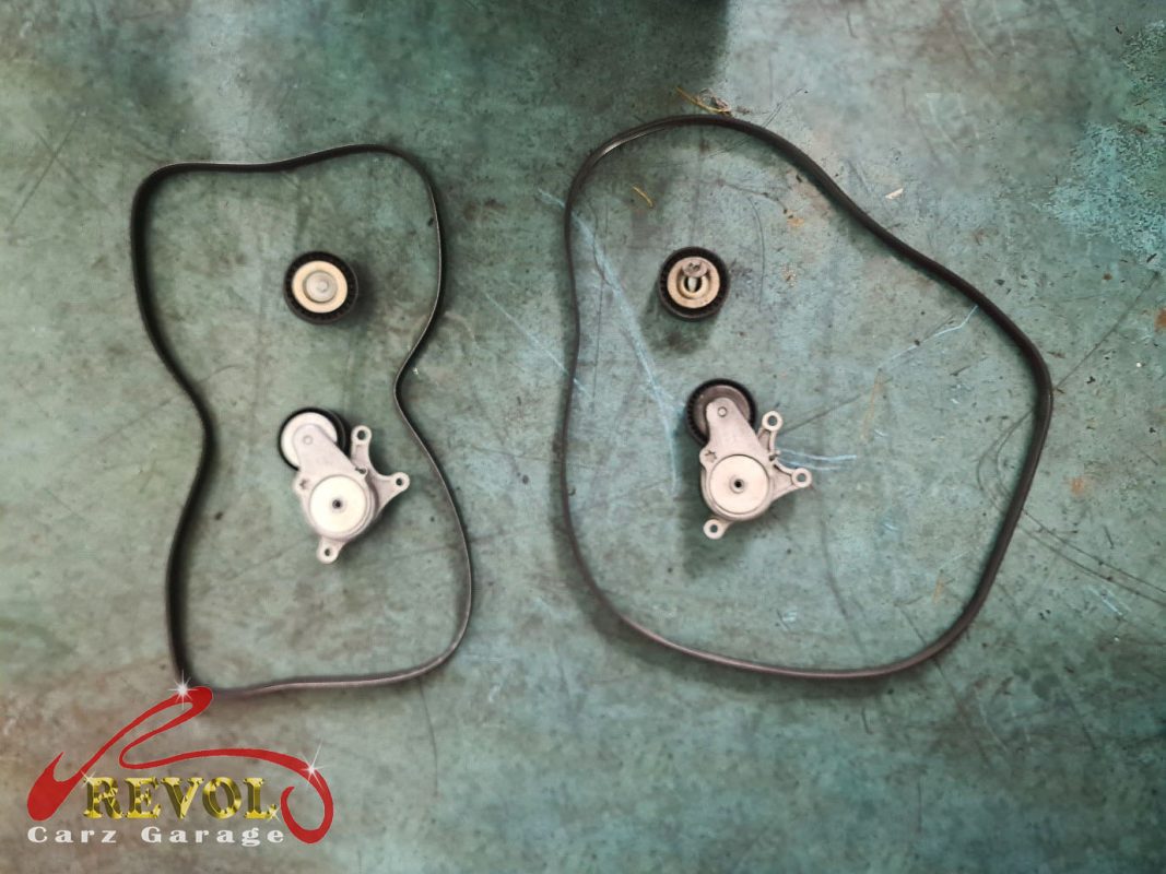 The new genuine Mercedes-spec drive belt, tensioner and idlers ready to fit.