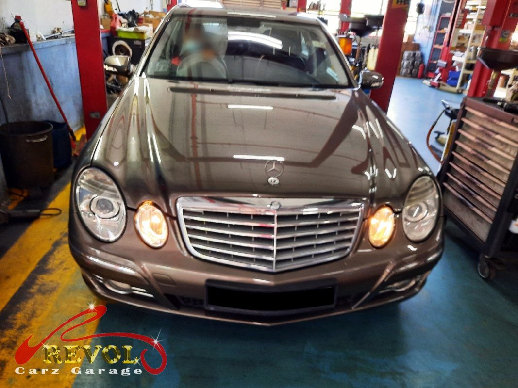 Mercedes-Benz E200 parked at the workshop, in for rear shock and drivetrain mount replacement.