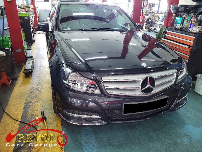 Mercedes-Benz C180 parked at the workshop for an interim service and ABS sensor work.