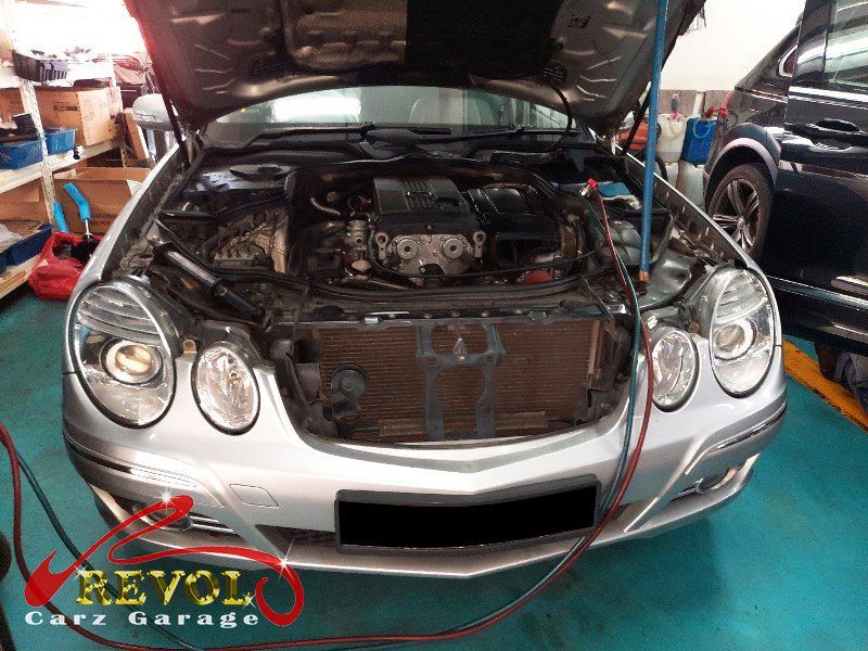 Mercedes-Benz E200 parked at the workshop, in for aircon compressor inspection.