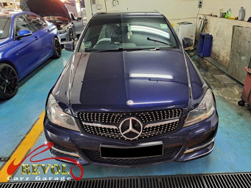 Mercedes-Benz C180 parked at the workshop, in for an auxiliary battery diagnosis.