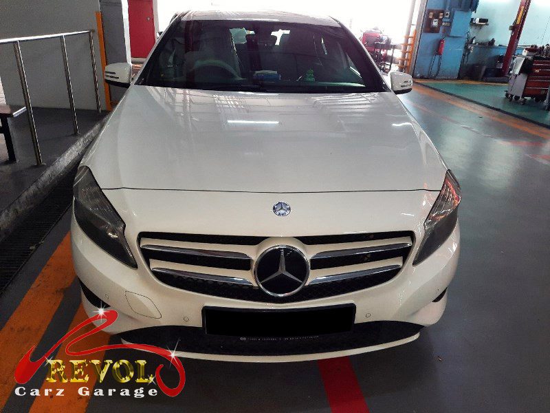 Mercedes-Benz A180 parked at the workshop, in for a battery and charging diagnosis.