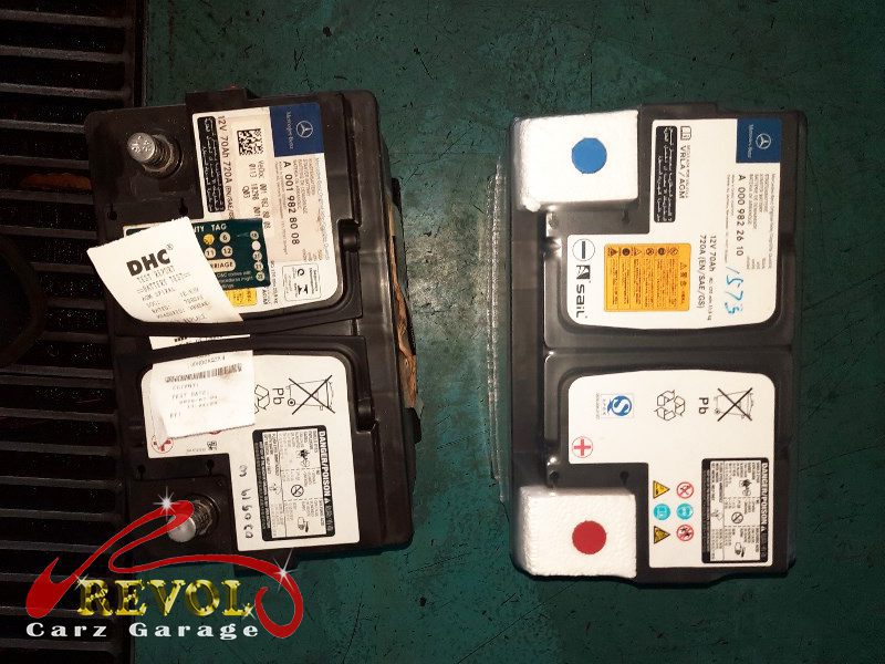 The new genuine Mercedes battery of the correct type ready to fit.