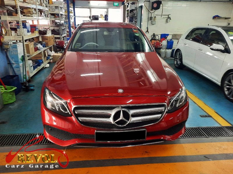 Mercedes-Benz E200 parked at the workshop, in for a front wheel bearing diagnosis.