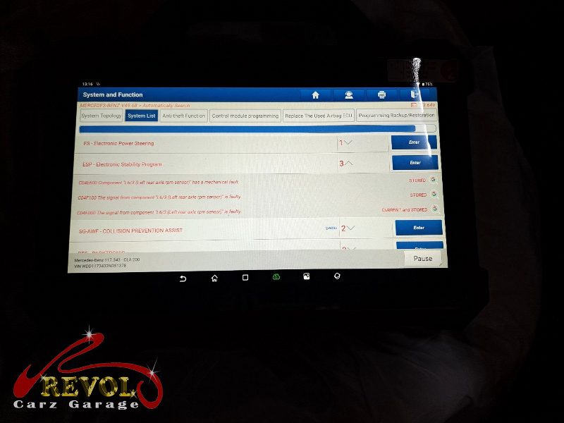 Diagnostic scan on the Mercedes-Benz CLA200 pointing to the failed wheel speed sensor.