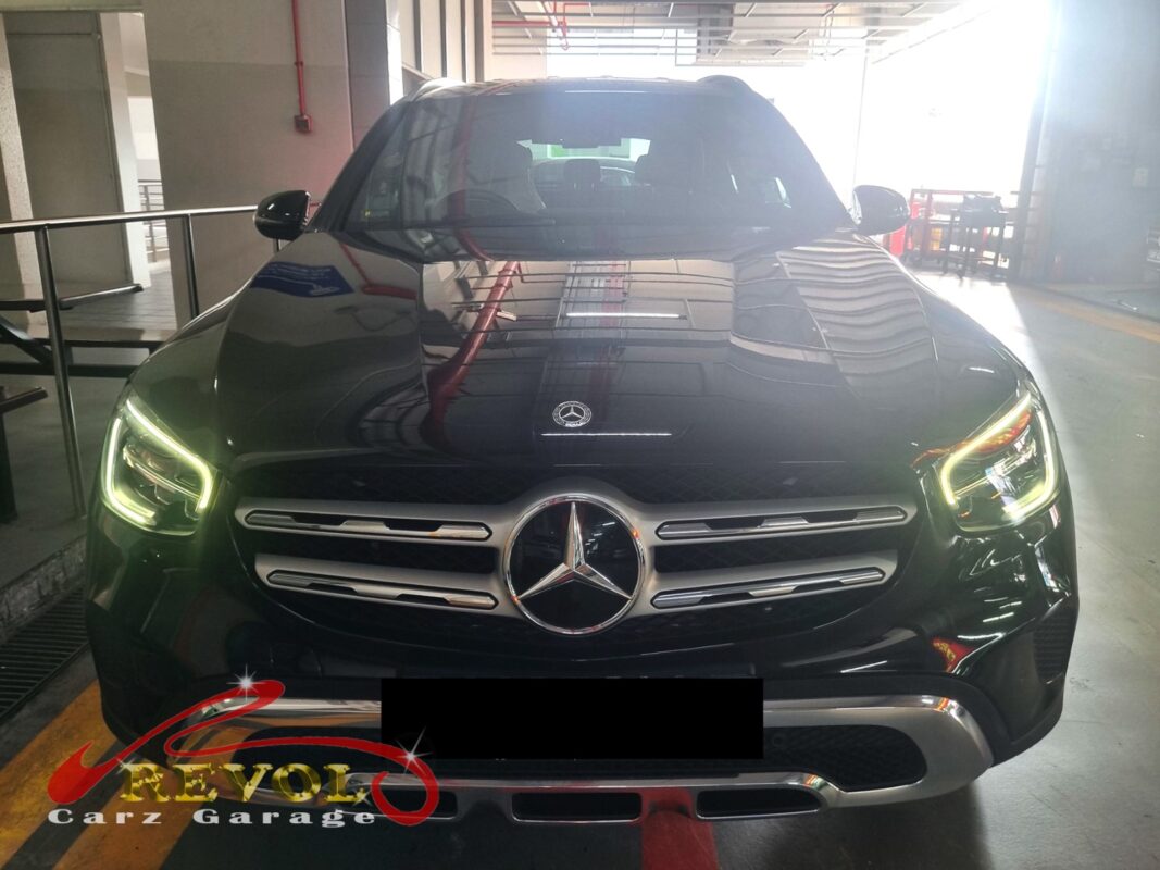 Mercedes-Benz GLC200 with the engine bay open for thermostat housing replacement.