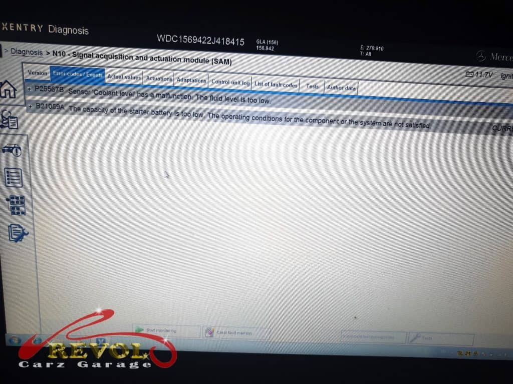 The Mercedes-Benz GLA180 scanned with Mercedes equipment during the service, flagging the worn battery.