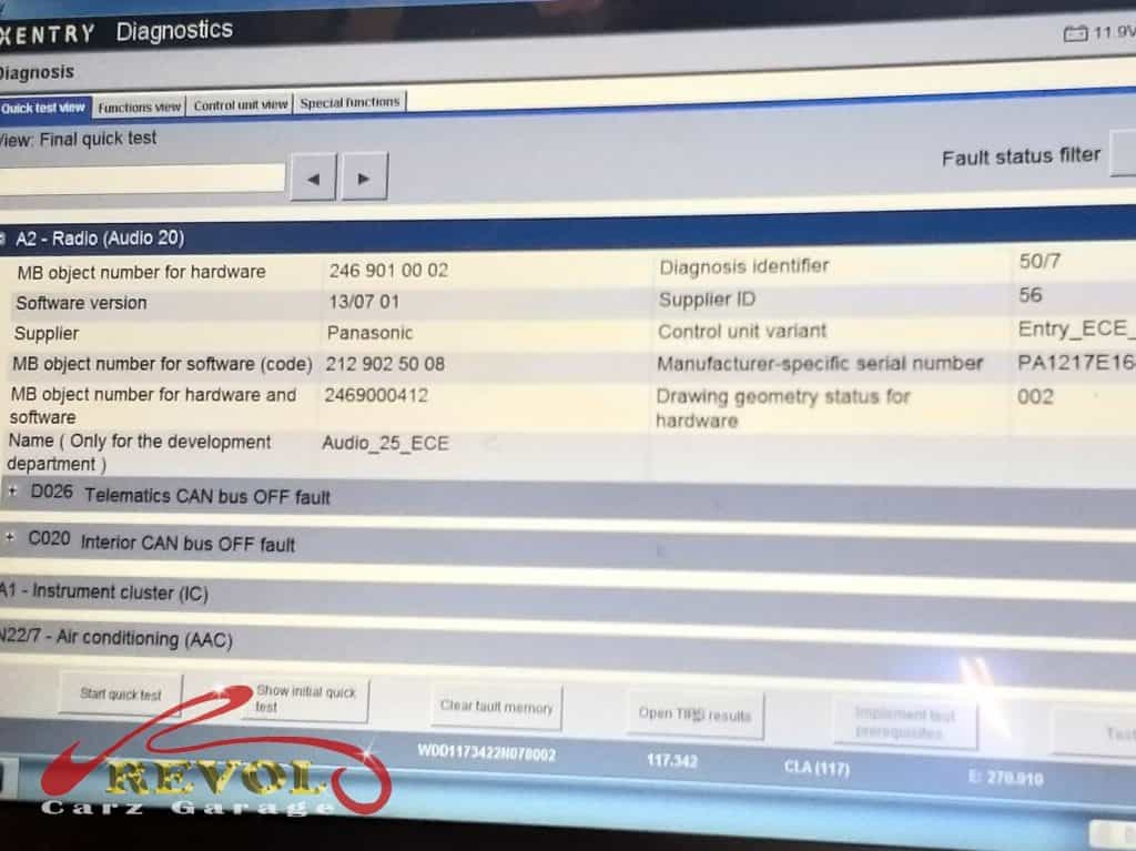 The Mercedes-Benz CLA180 scanned, showing the power supply low fault code.