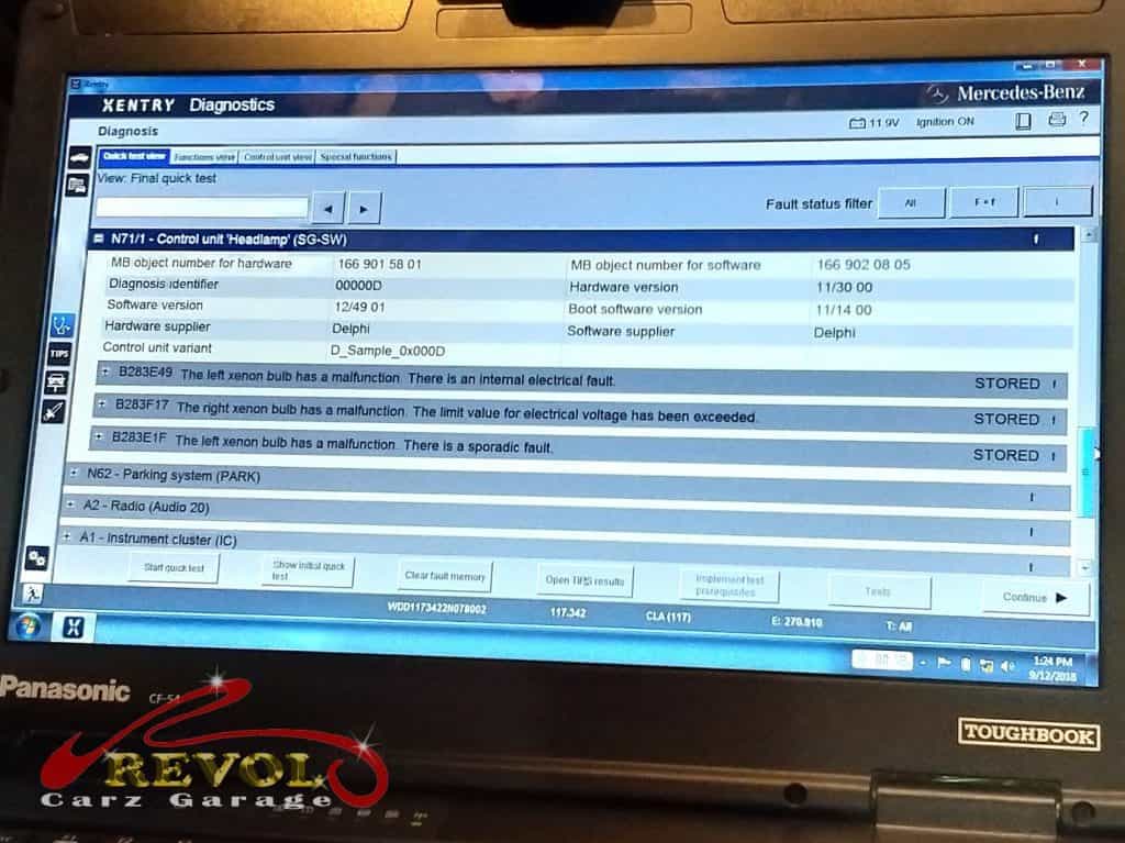 The scan revealing other faults, including a headlight beam fault.