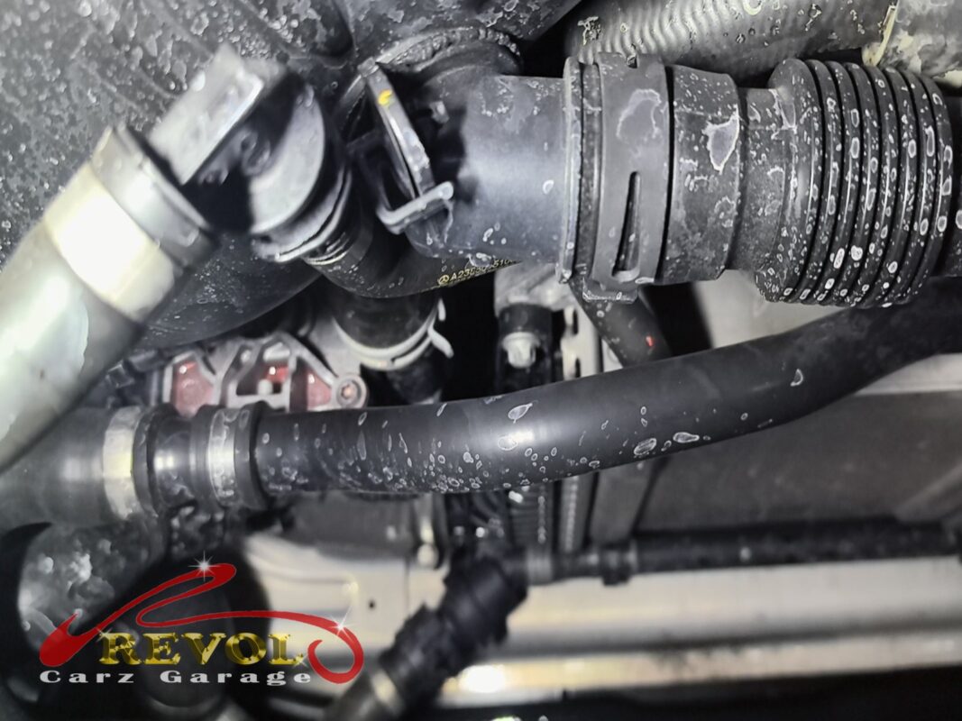 The cooling system wet with coolant during the leak hunt, the source up around the front of the engine.