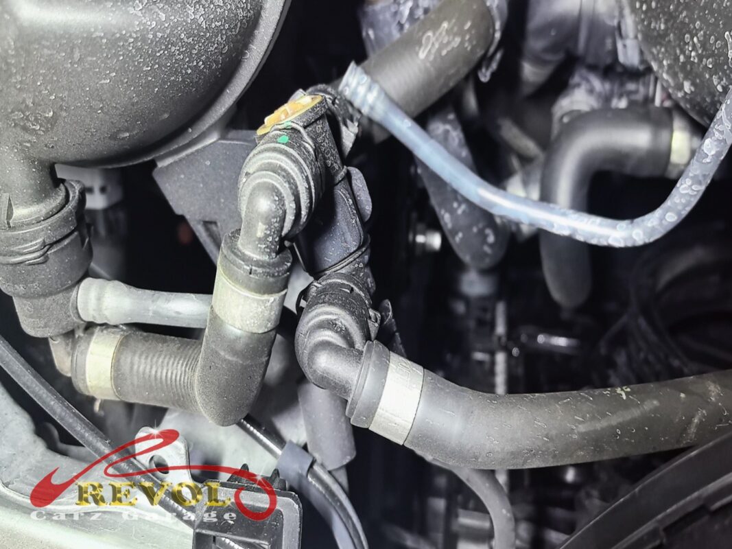 Coolant beading on the hoses and connectors at the front of the engine.